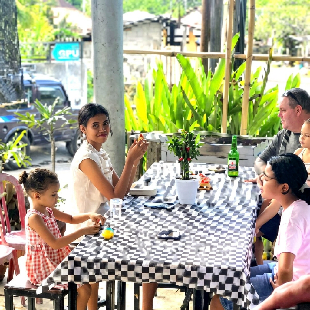 Family dining at Warung Pax open-air terrace