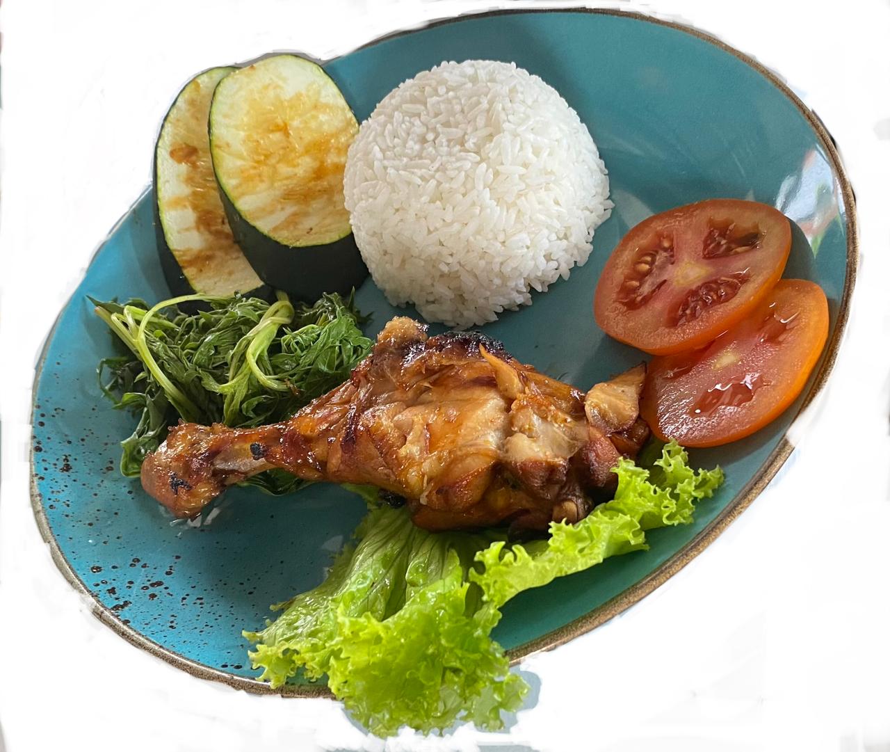 Ayam bakar with rice, grilled zucchini and fresh greens